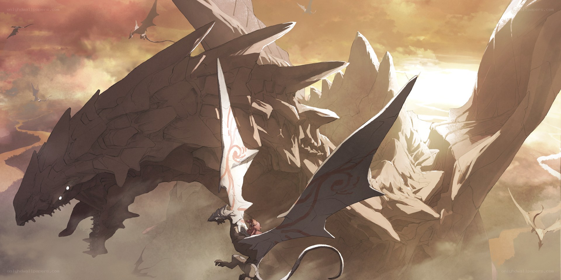Dragons in a desert landscape