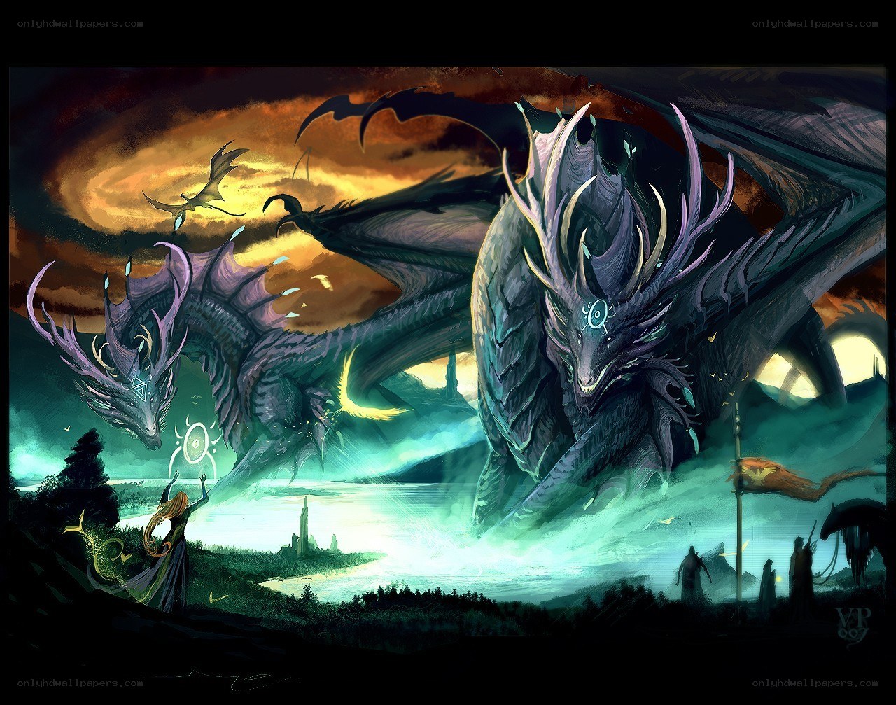 Dragons in a fantasy landscape
