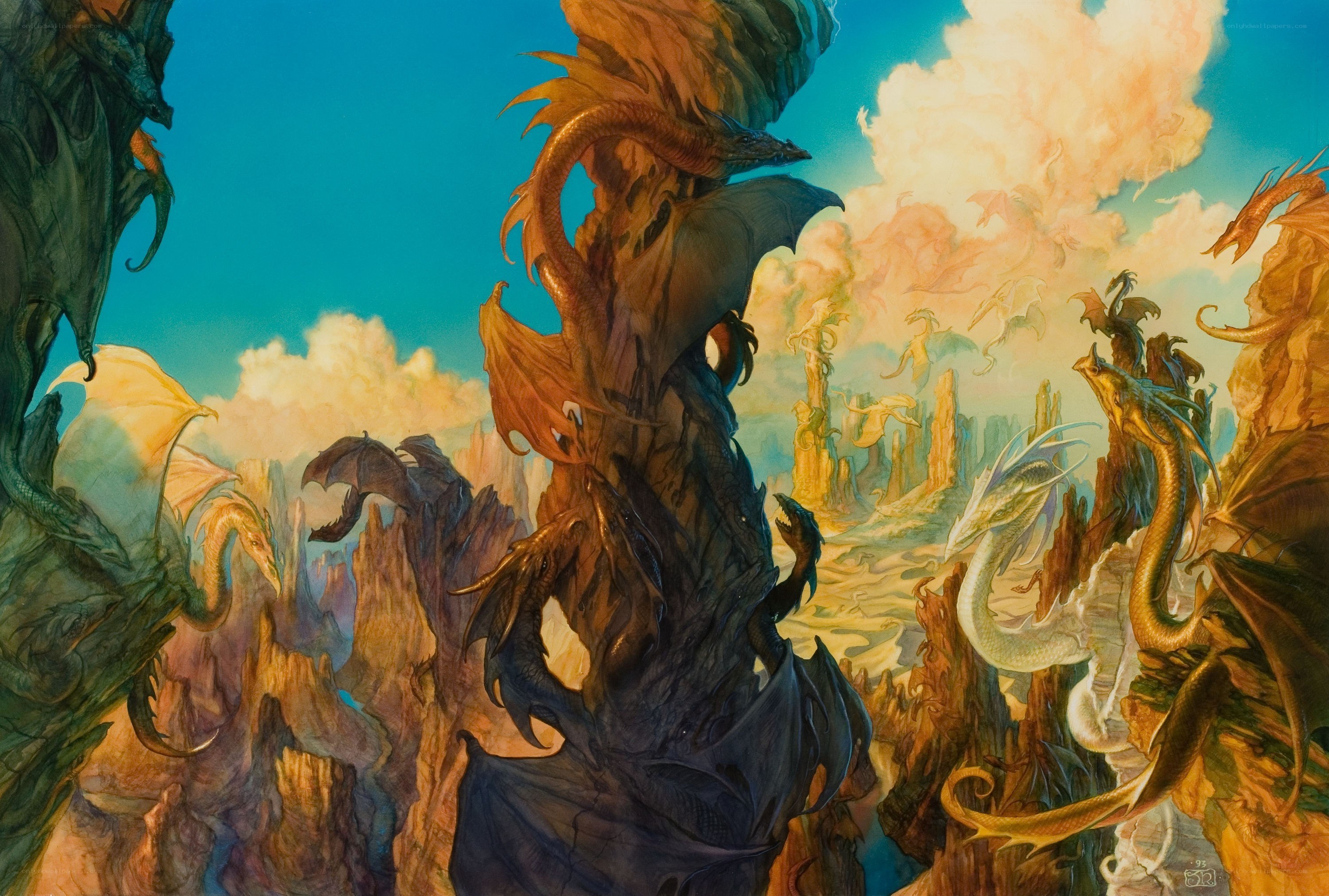 Dragons in a fantasy landscape