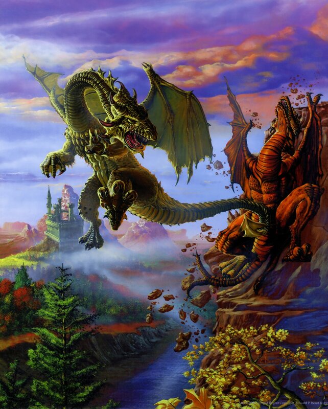Dragons in a fantasy landscape