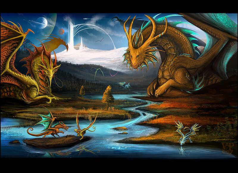 Dragons in a Fantasy Landscape — Blue