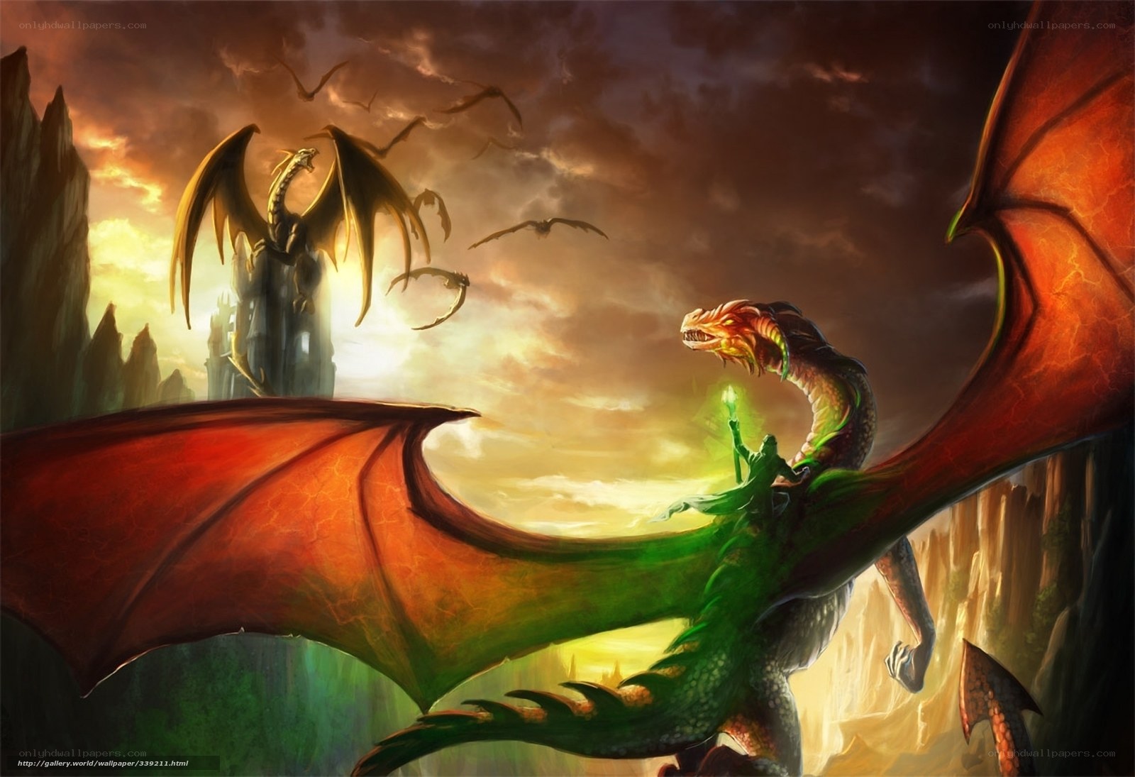 Dragons in a fantasy landscape
