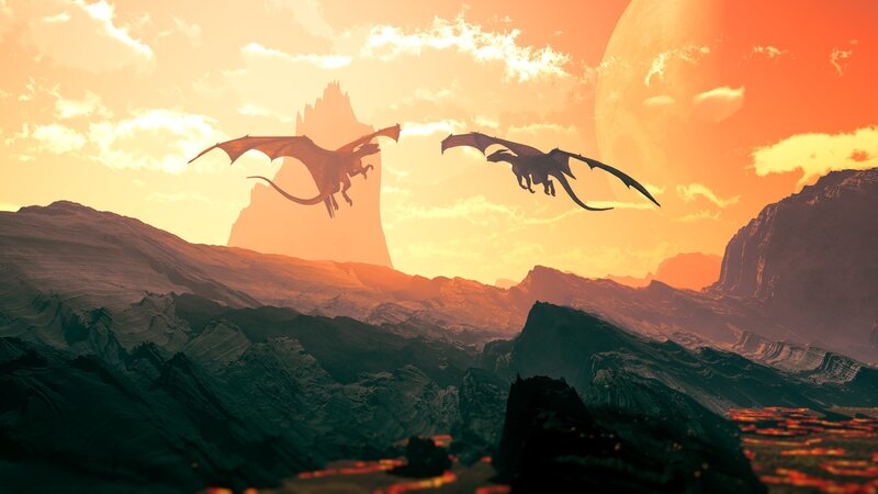 Dragons in a fiery landscape