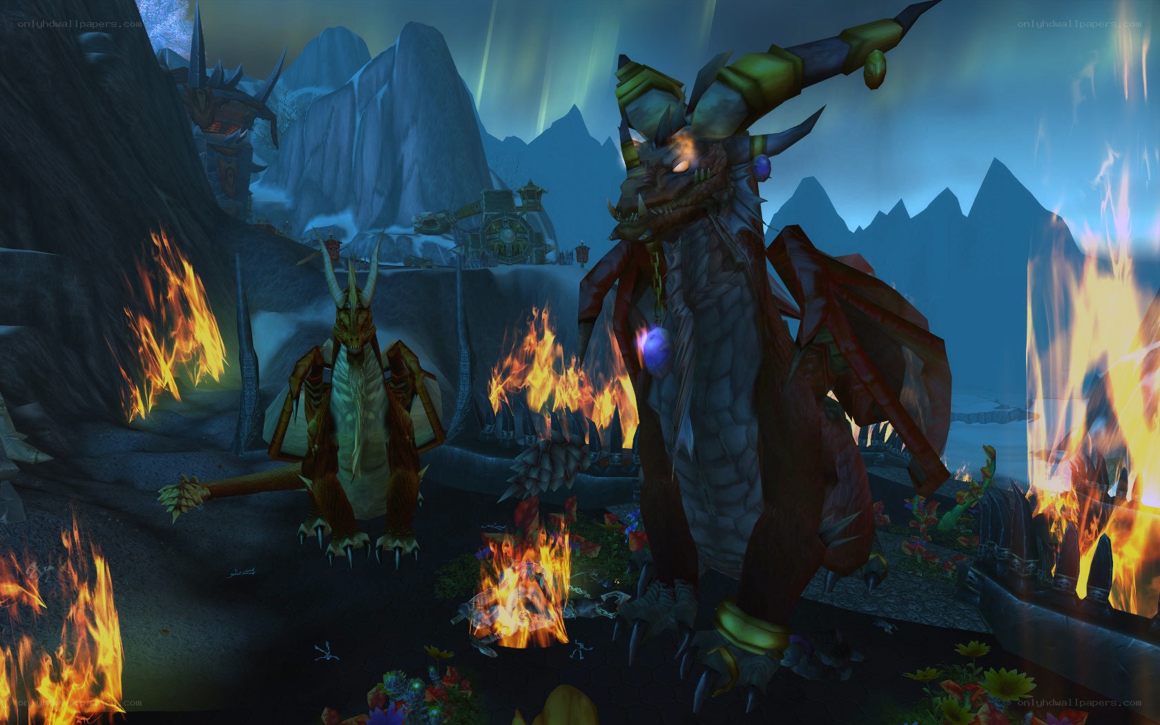 Dragons in a fiery landscape