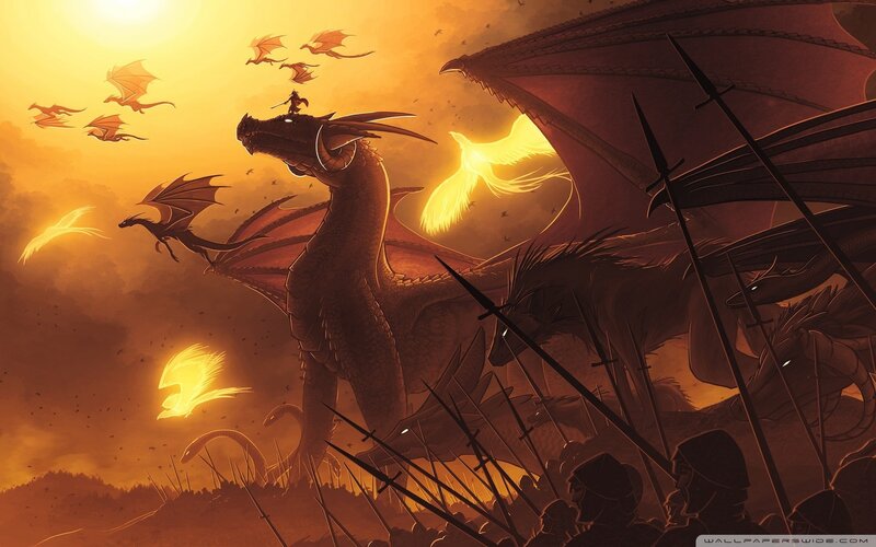 Dragons in a fiery sky