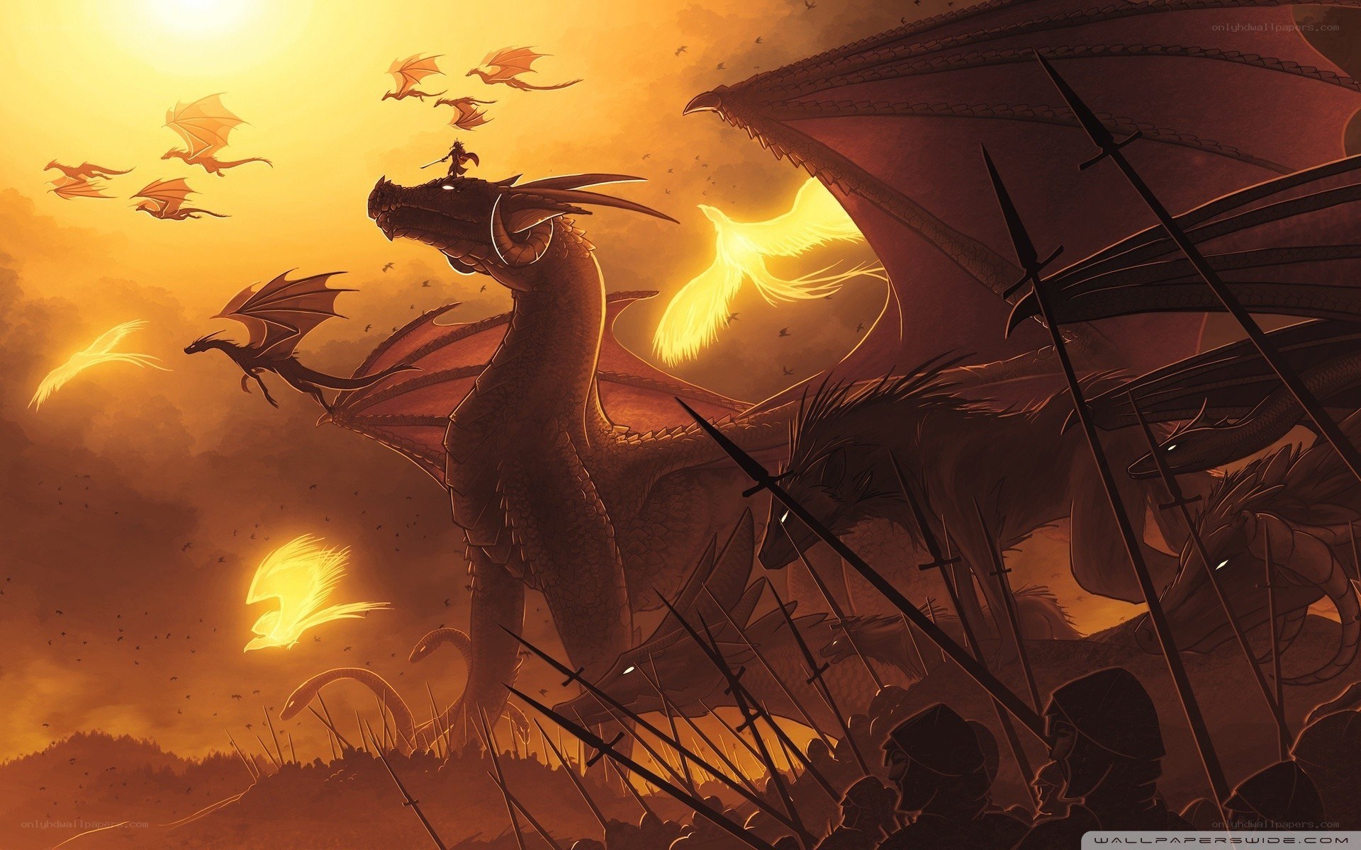 Dragons in a fiery sky