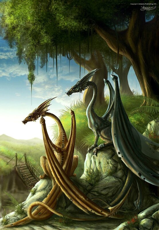 Dragons in a forest clearing