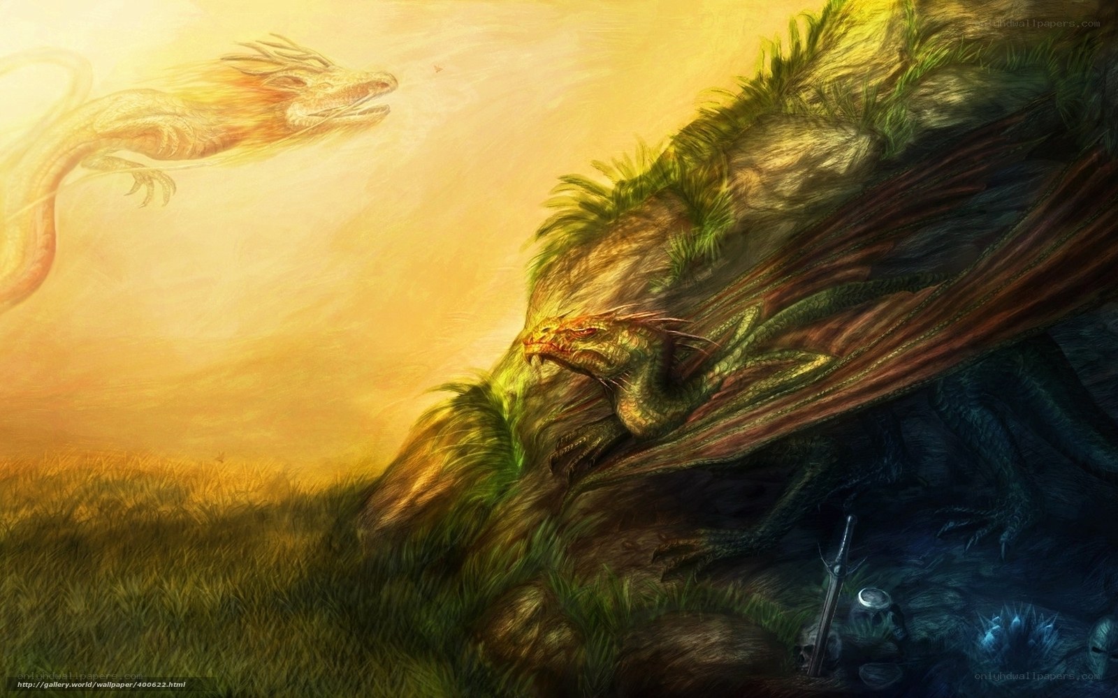 Dragons in a golden landscape