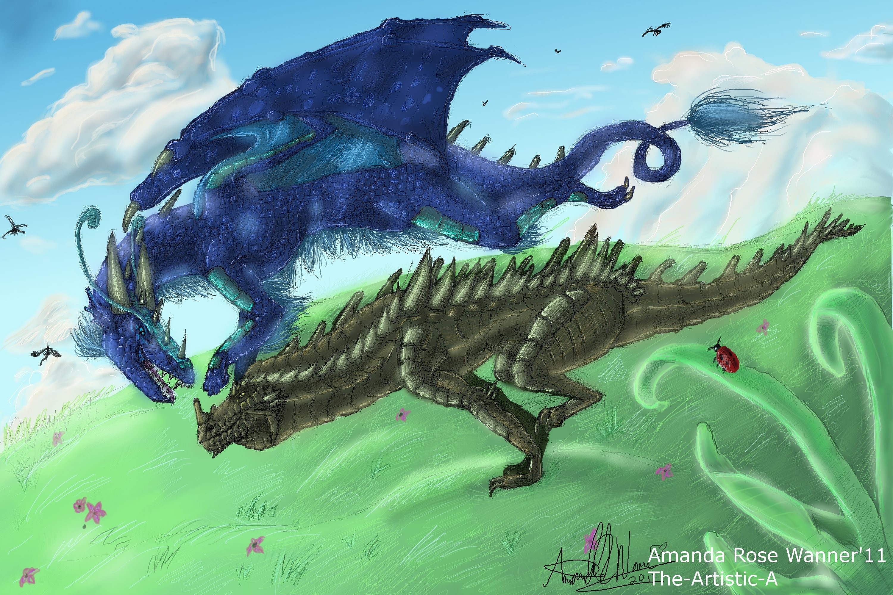 Dragons in a green field