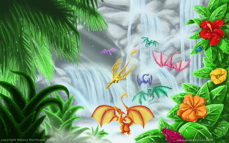 Dragons in a jungle waterfall
