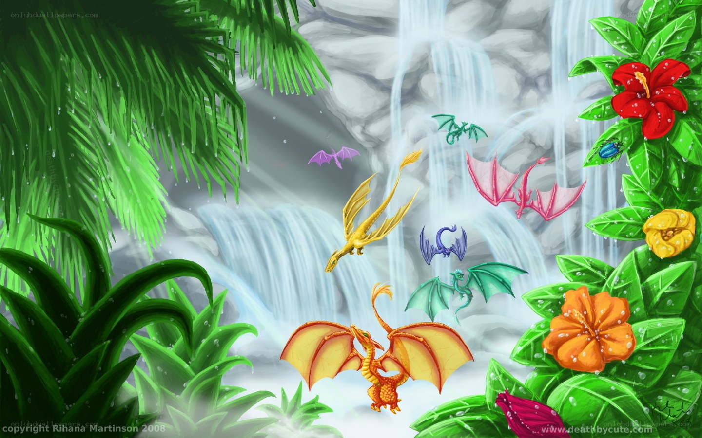 Dragons in a jungle waterfall