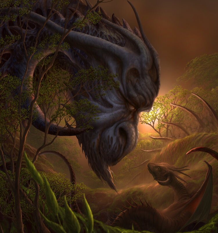 Dragons in a misty forest