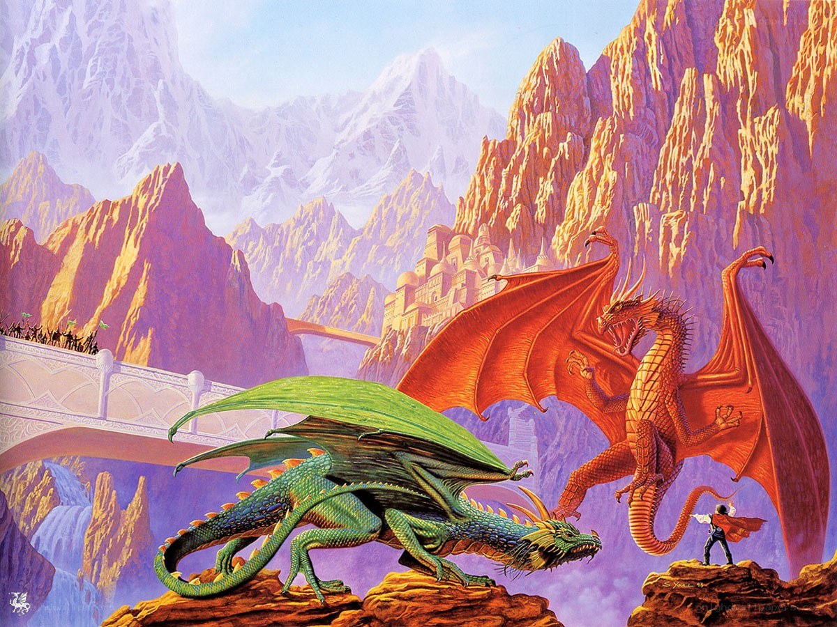 Dragons in a mountainous landscape