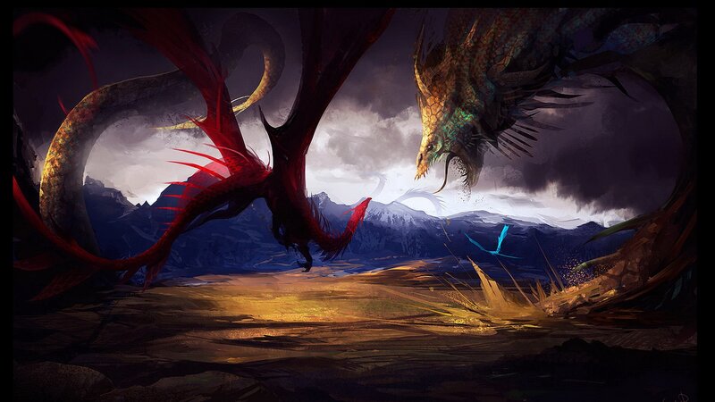 Dragons in a mountainous landscape