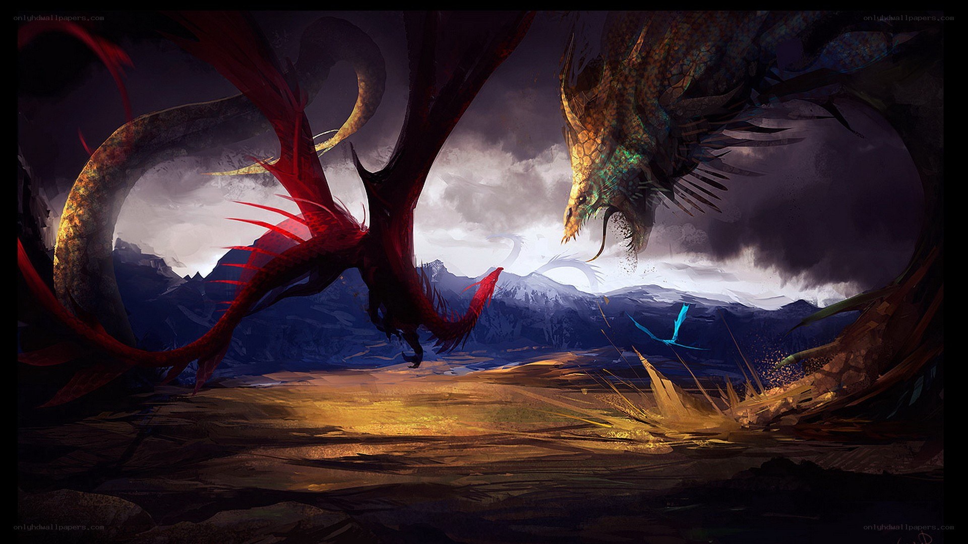 Dragons in a mountainous landscape