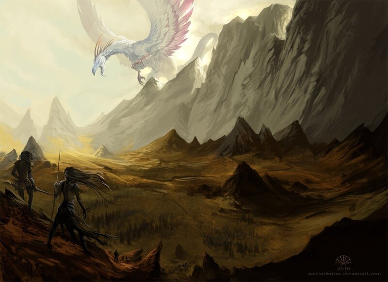 Dragons in a mountainous landscape
