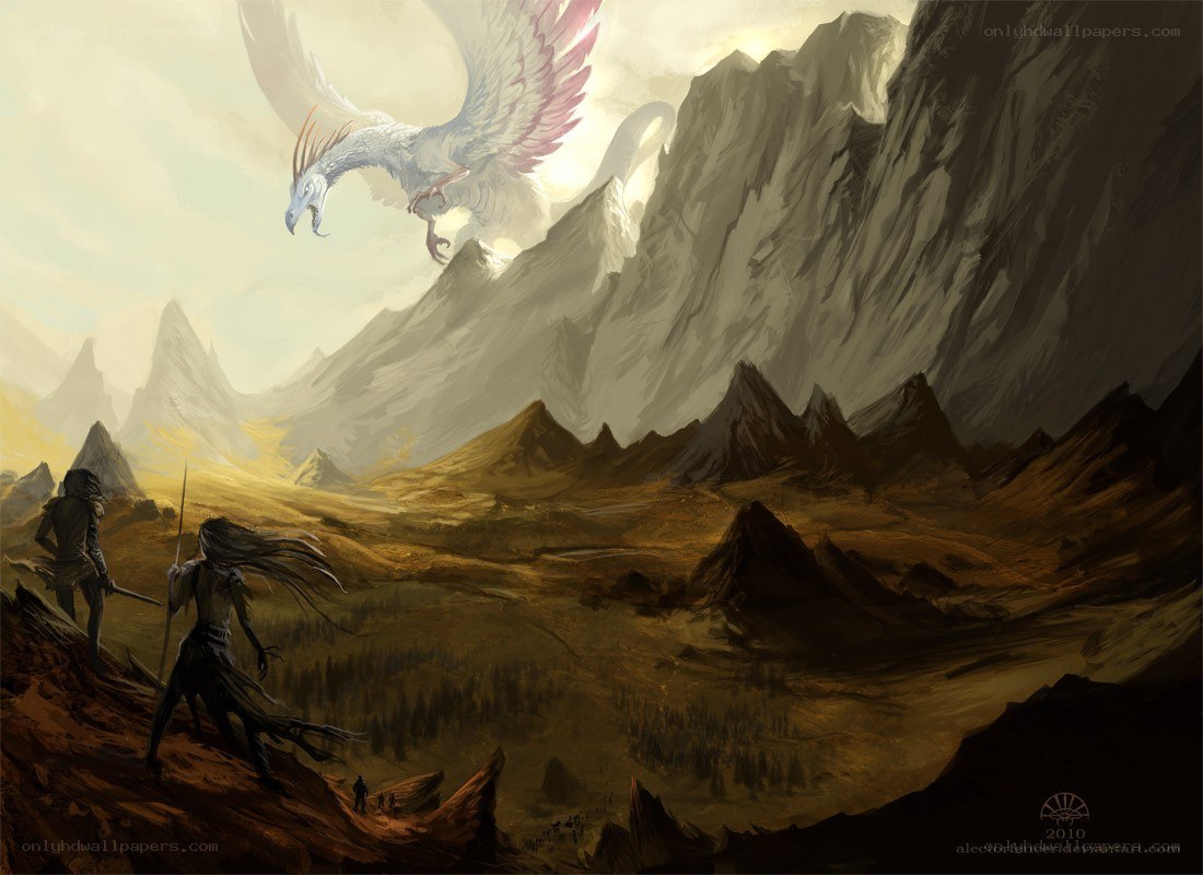 Dragons in a mountainous landscape