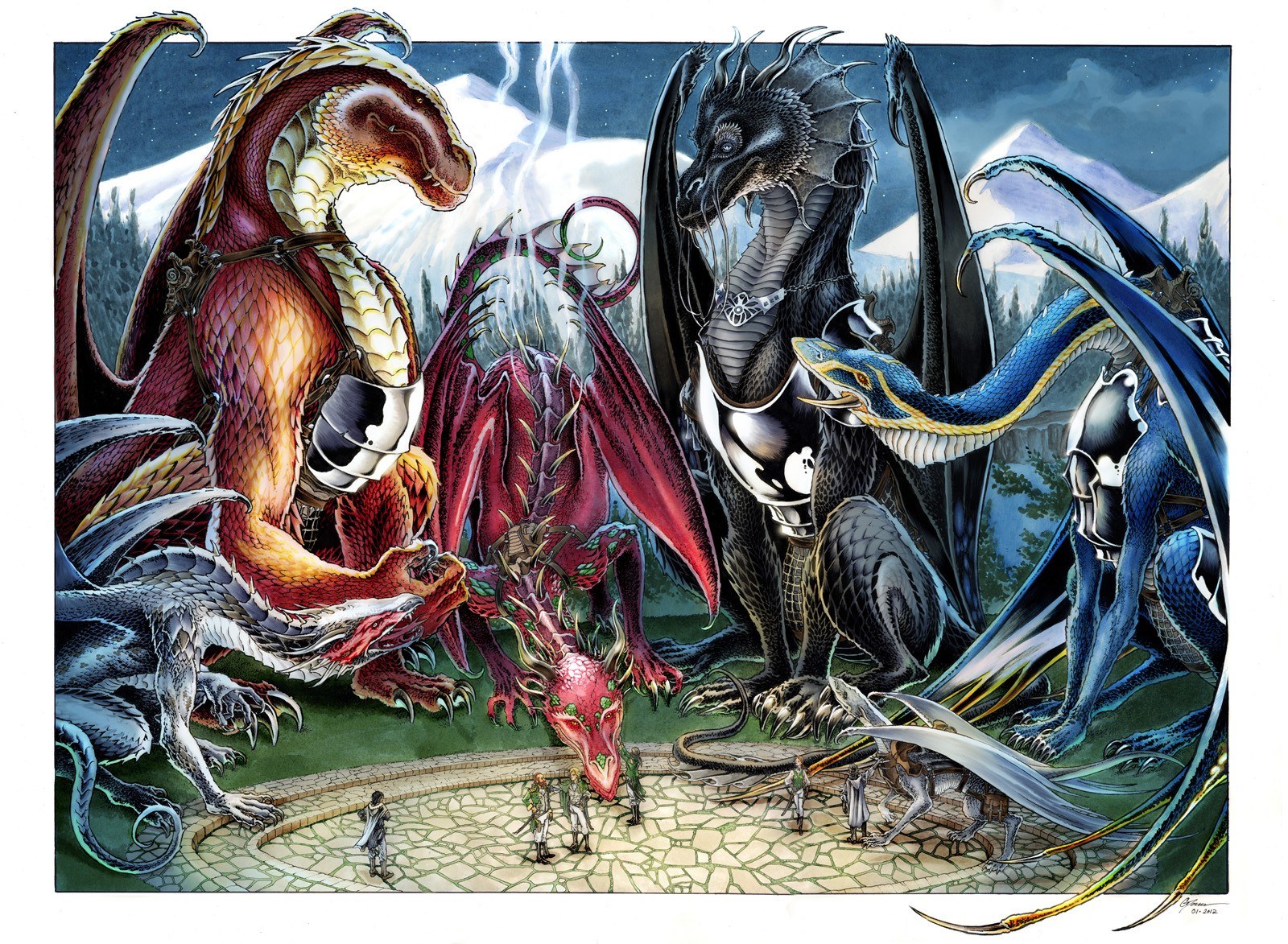 Dragons in a mystical gathering