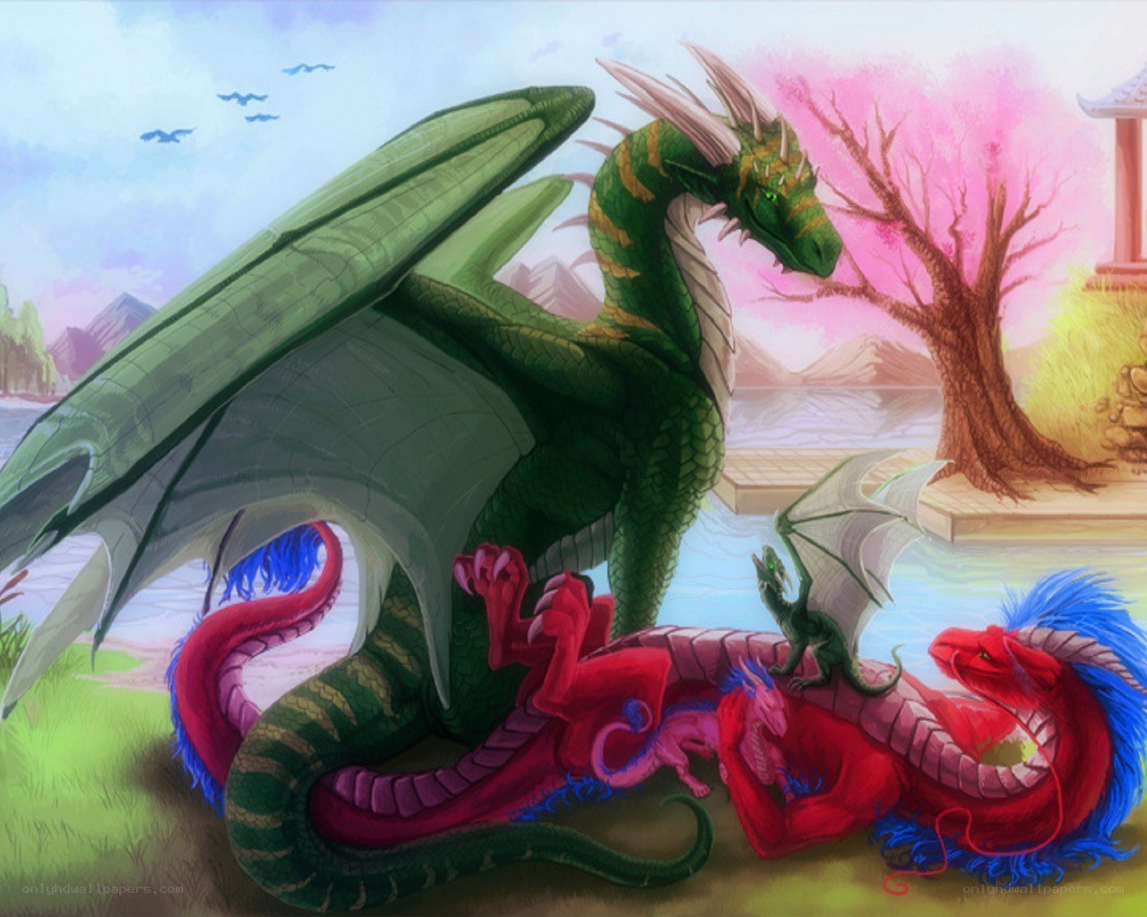 Dragons in a peaceful landscape