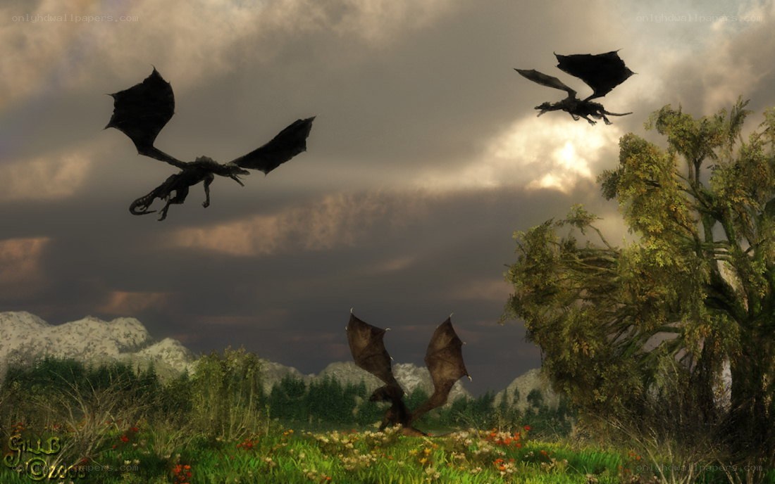 Dragons in a stormy landscape