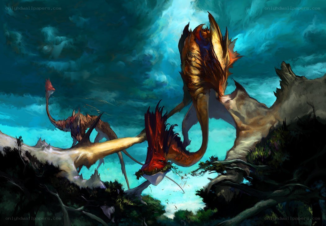 Dragons in a stormy landscape