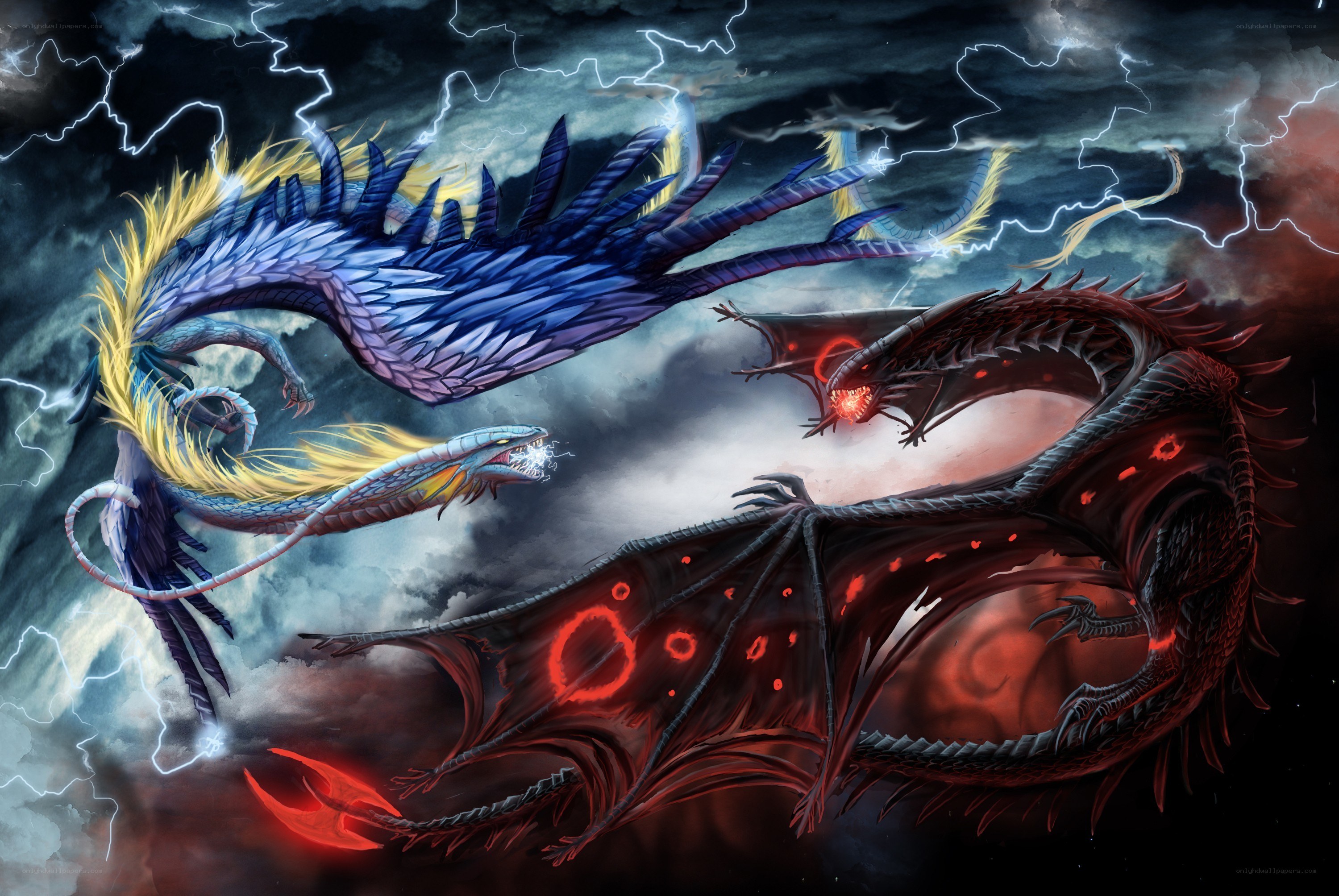 Dragons in a stormy sky