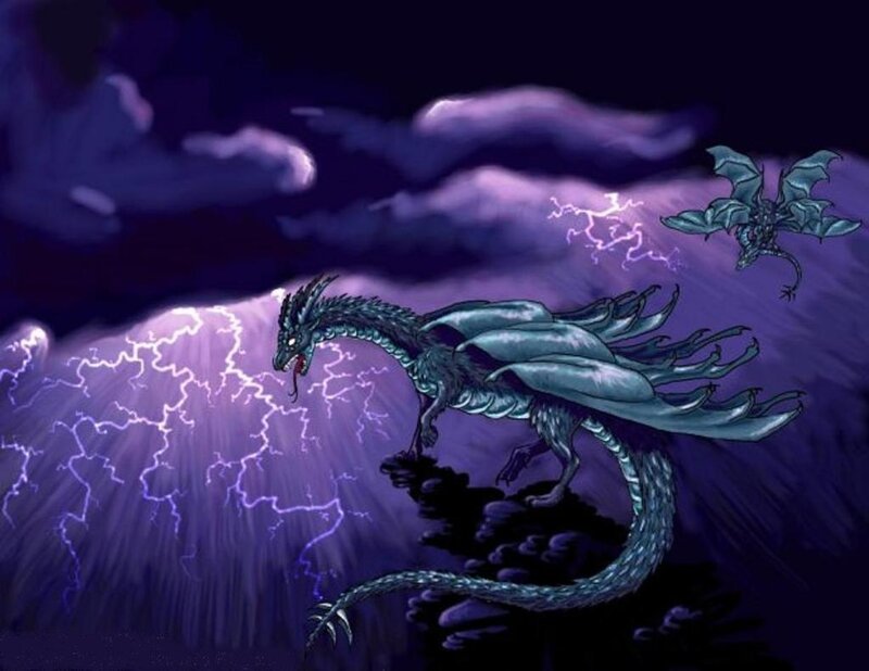 Dragons in a stormy sky