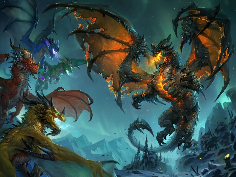 Dragons in Battle — Blue, Dramatic, Night, Digital Art, Mountains