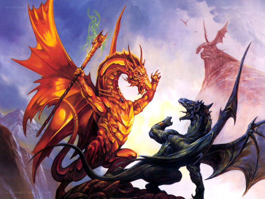 Dragons in battle on a mountain