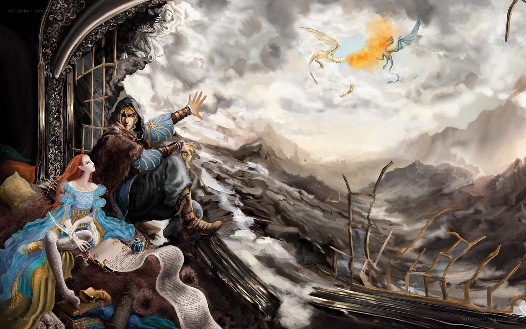Dragons in battle over mountains