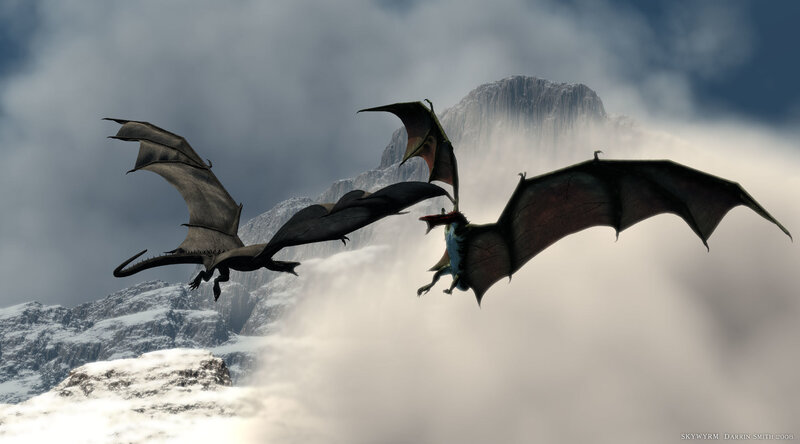 Dragons in flight over mountains