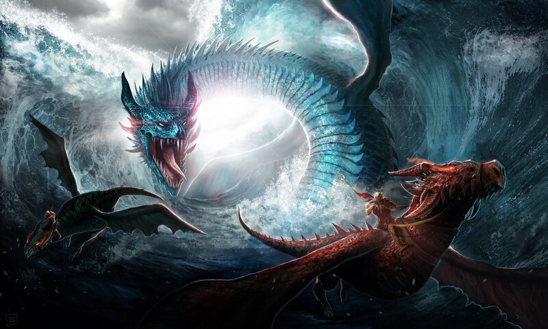 Dragons in Stormy Sea — Blue, Dramatic, Digital Art