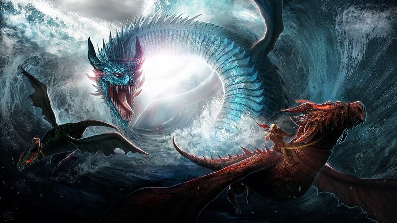Dragons in Stormy Sea — Blue, Dramatic, Digital Art, Waves