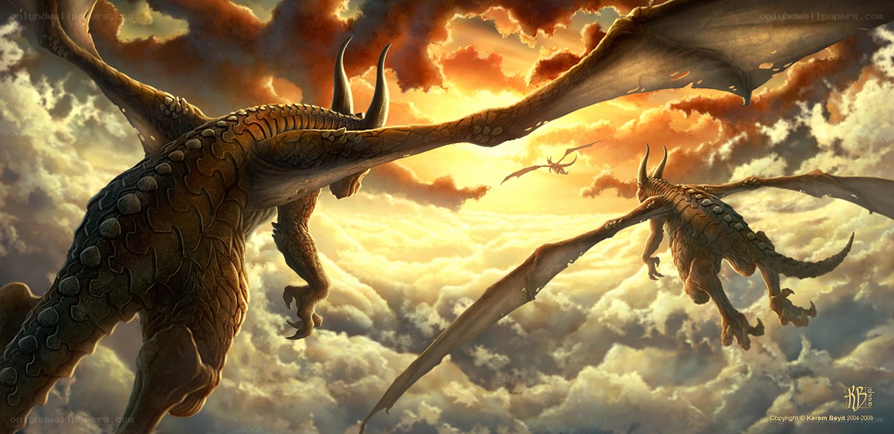 Dragons in the sunset sky