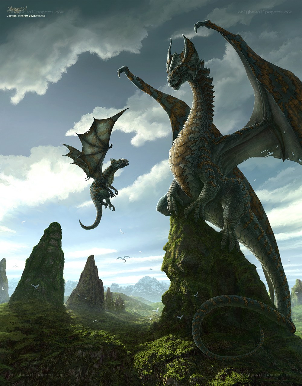 Dragons on a mossy cliff