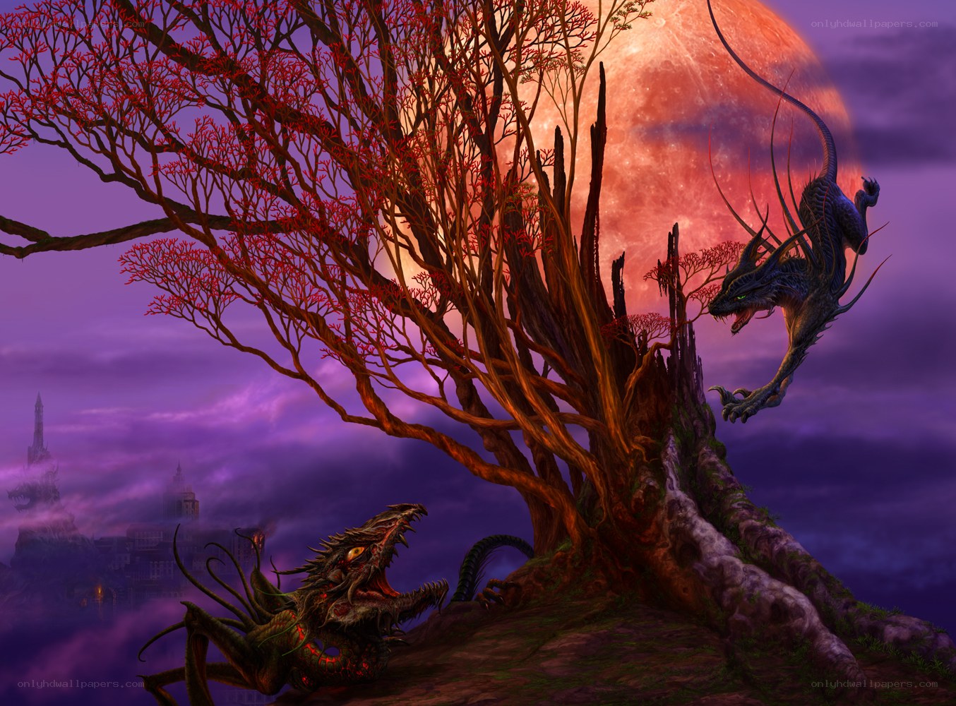 Dragons on a red moon world