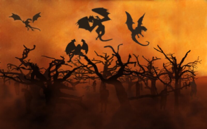 Dragons over a barren forest