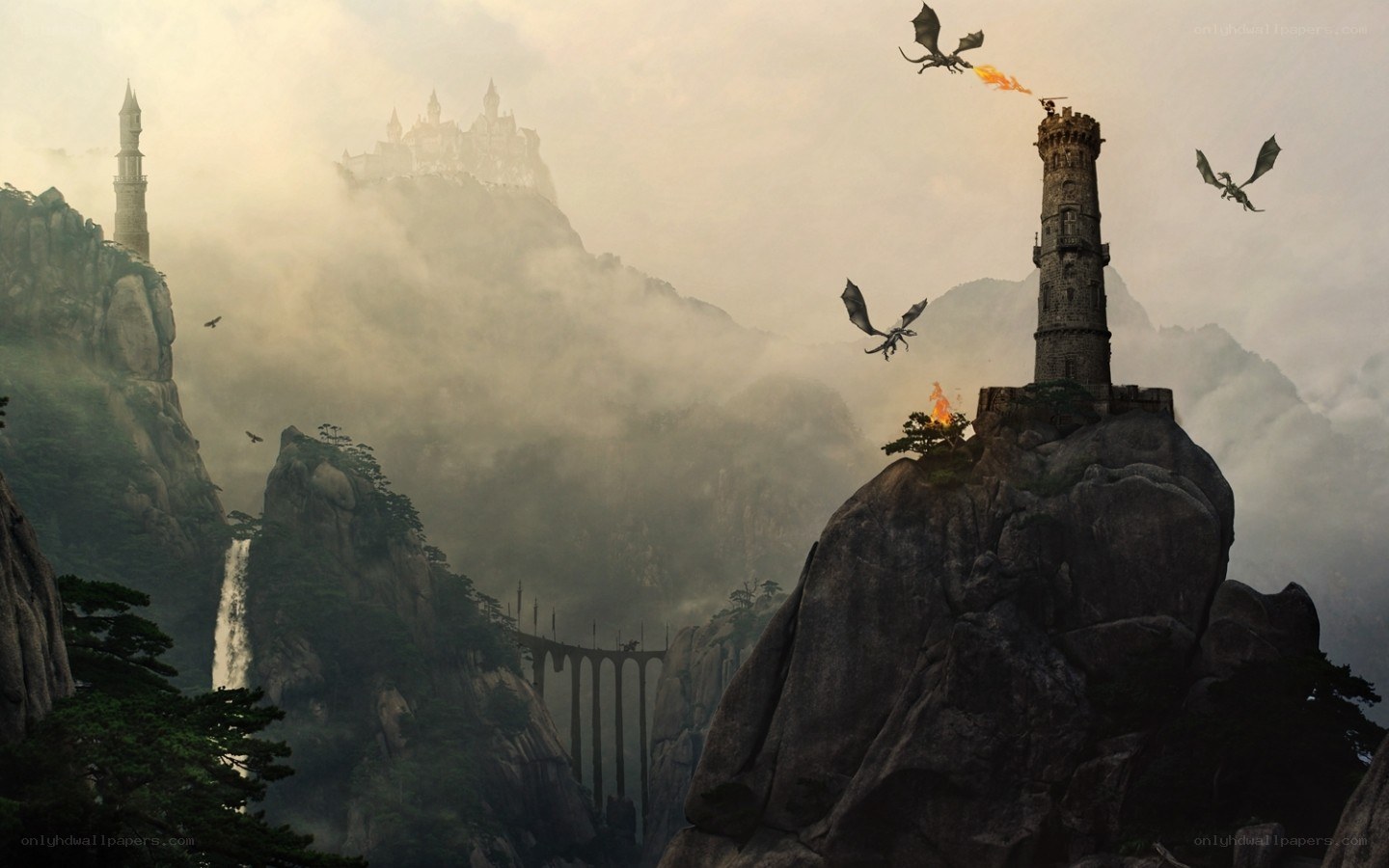 Dragons over a misty castle