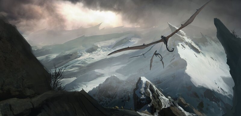 Dragons soar over snowy mountains