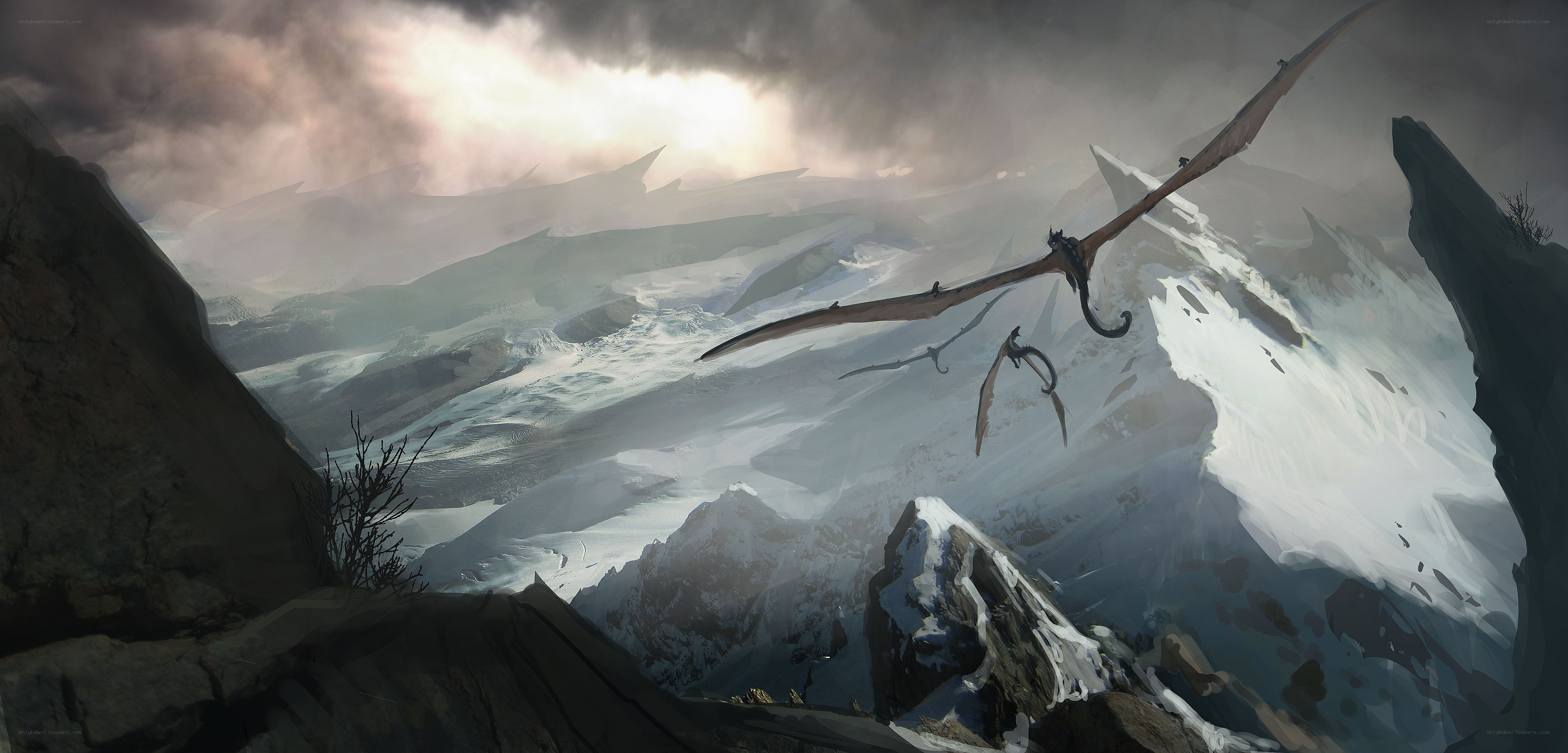Dragons soar over snowy mountains