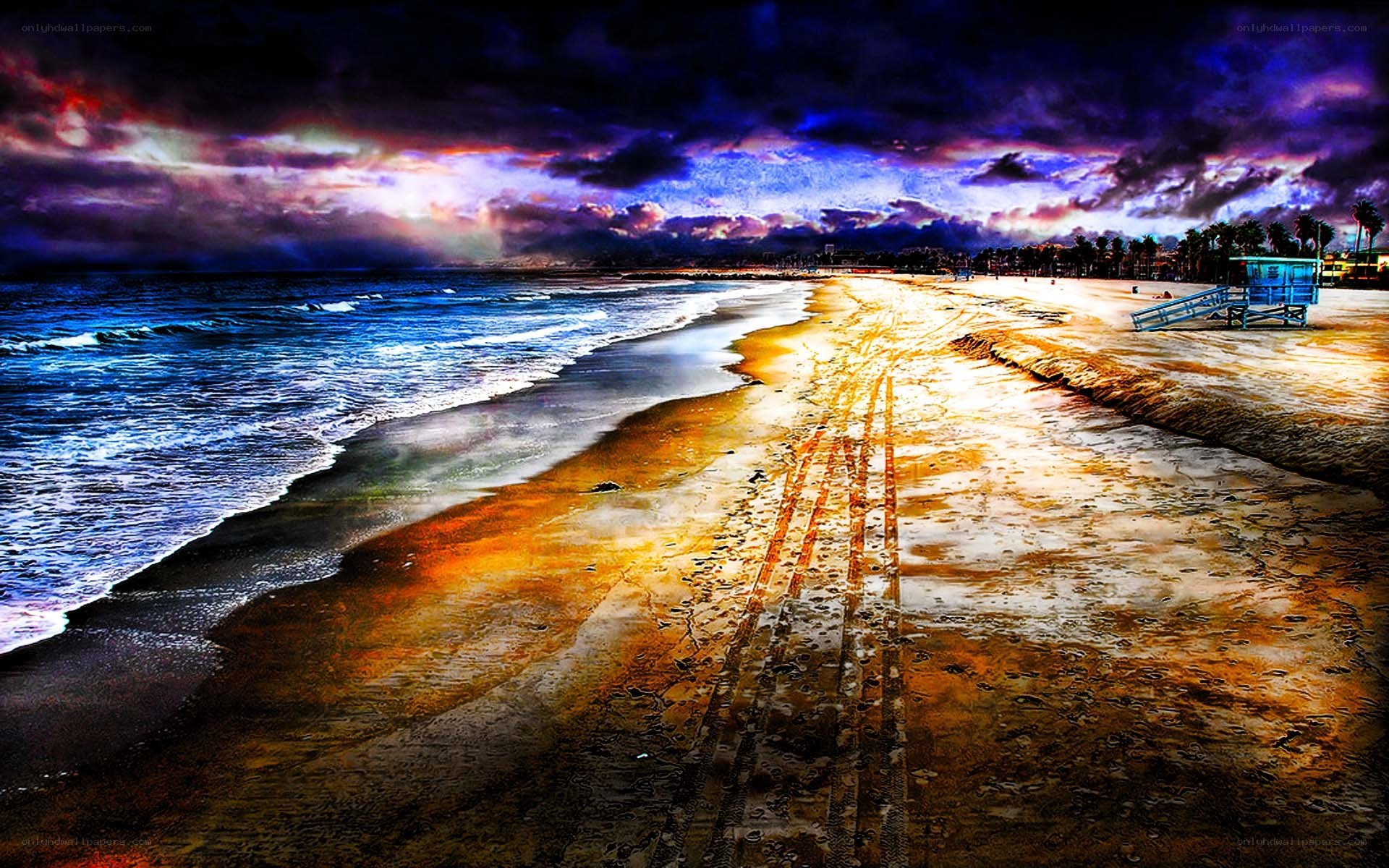 dramatic beach at sunset