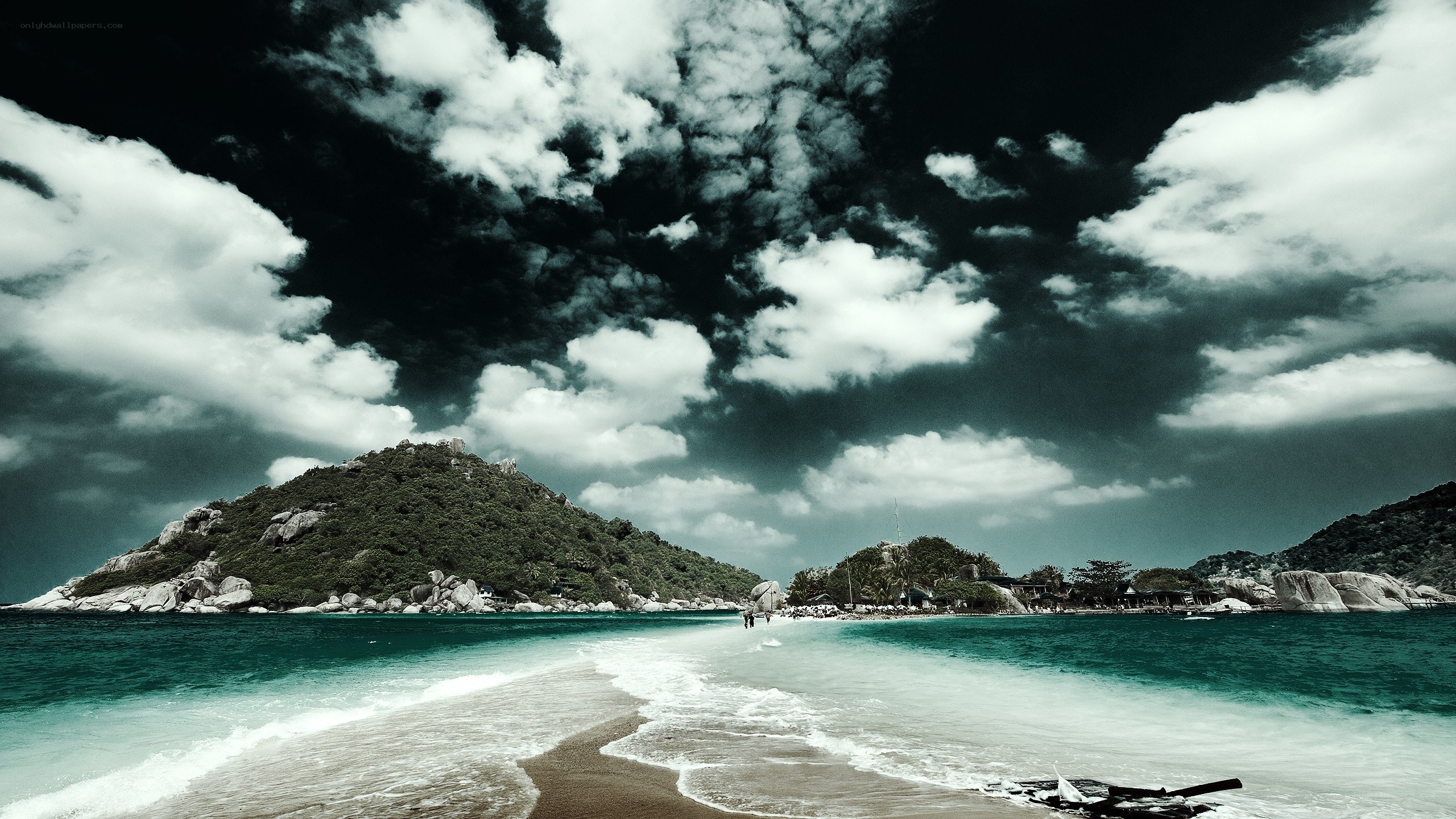 dramatic beach with stormy sky