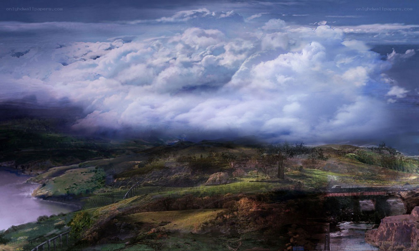 dramatic clouds over rolling hills