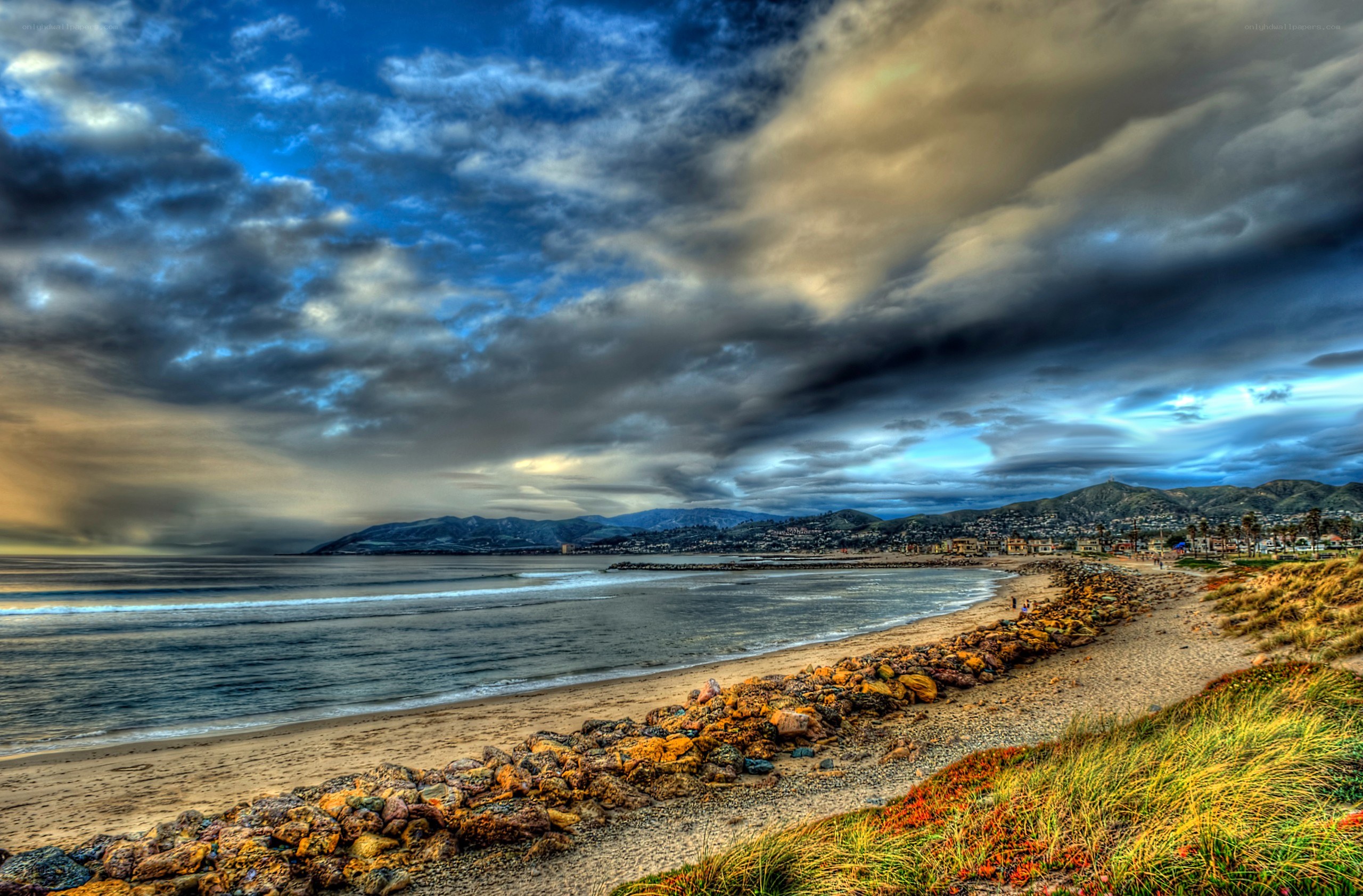 Dramatic coastal landscape with stormy sky