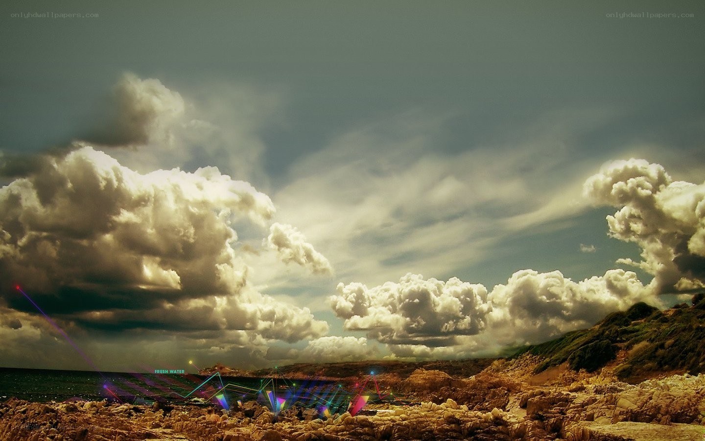 Dramatic coastal sky with laser lights