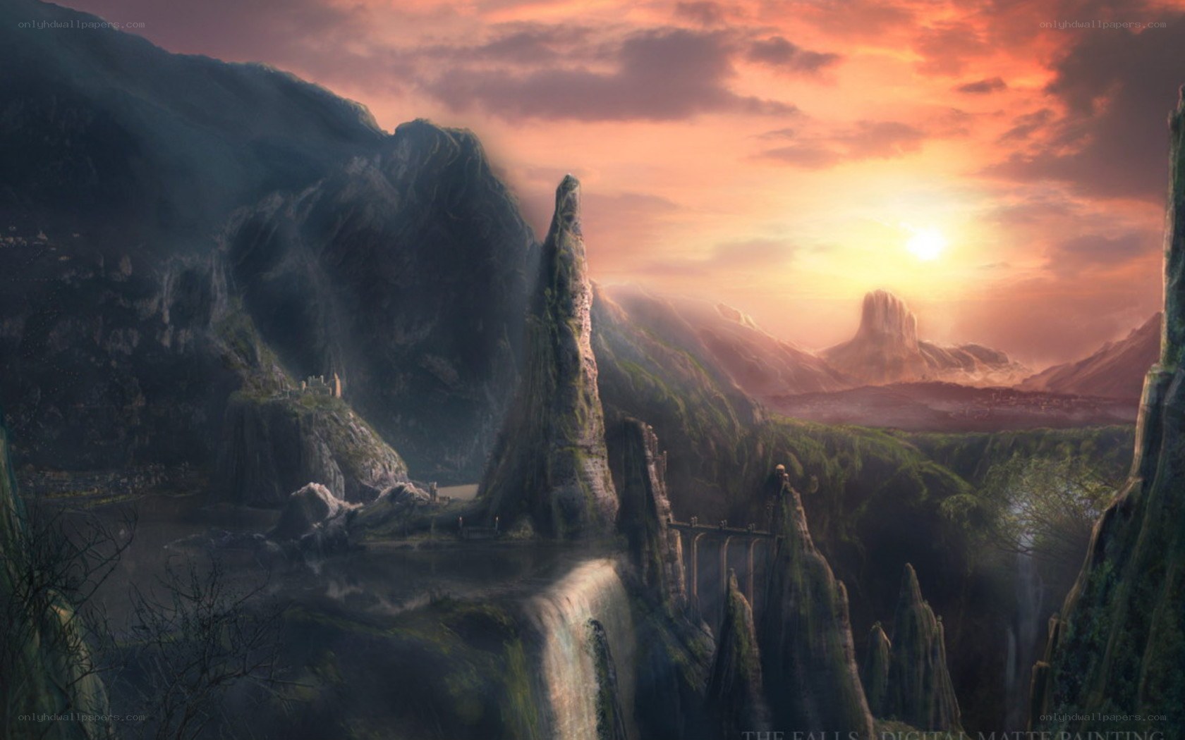 dramatic fantasy landscape at sunset