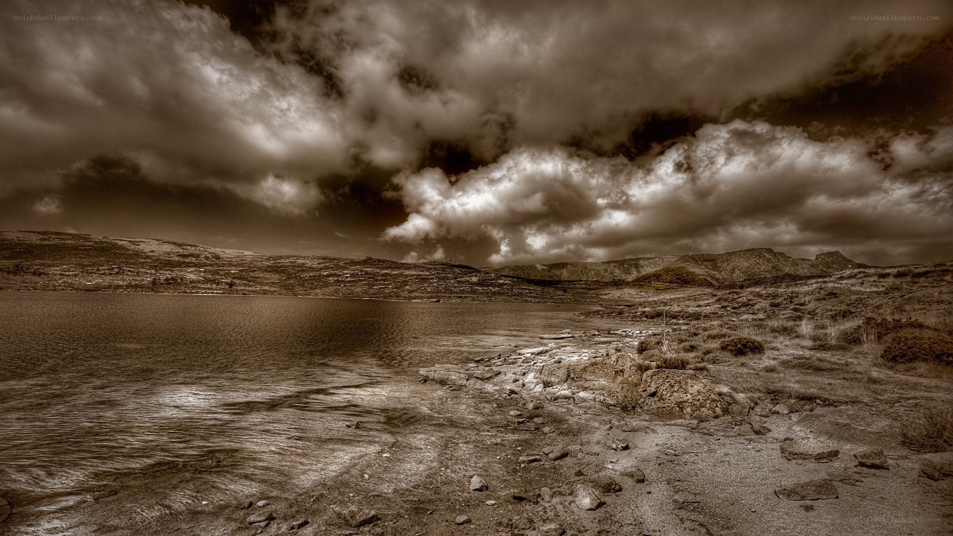 Dramatic lake under stormy sky