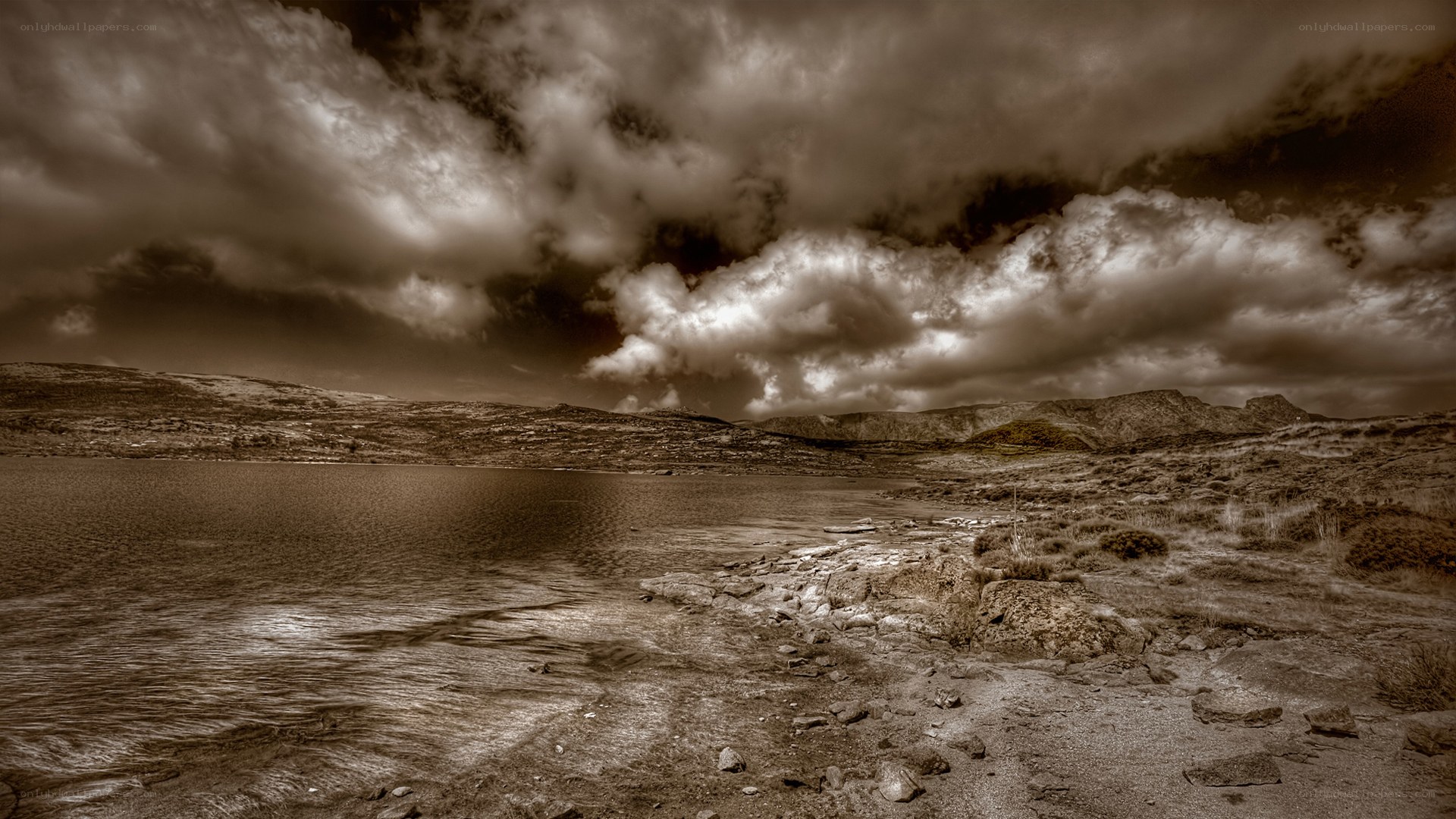 Dramatic lake under stormy sky