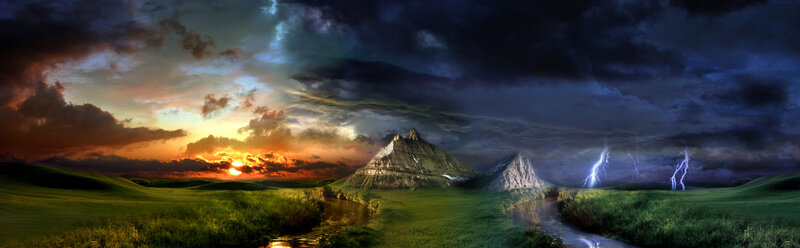 Dramatic landscape with storm and sunset