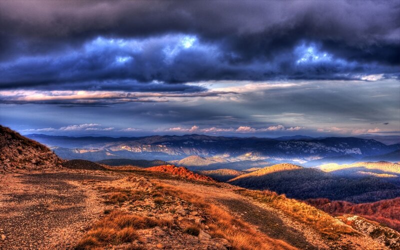Dramatic mountain landscape at dusk